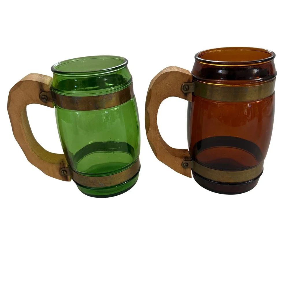 Vtg 1950s‎ 1960s Mid Century Glass Mugs w/ Wood Handles Brass Bands Green Amber